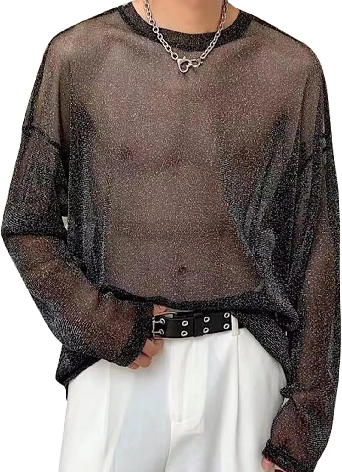 AUBIG Men's See Through Lace Sexy Party Club Shirt Top Hollow Out Fishnet Shirts Muscle Blouse Clubwear
