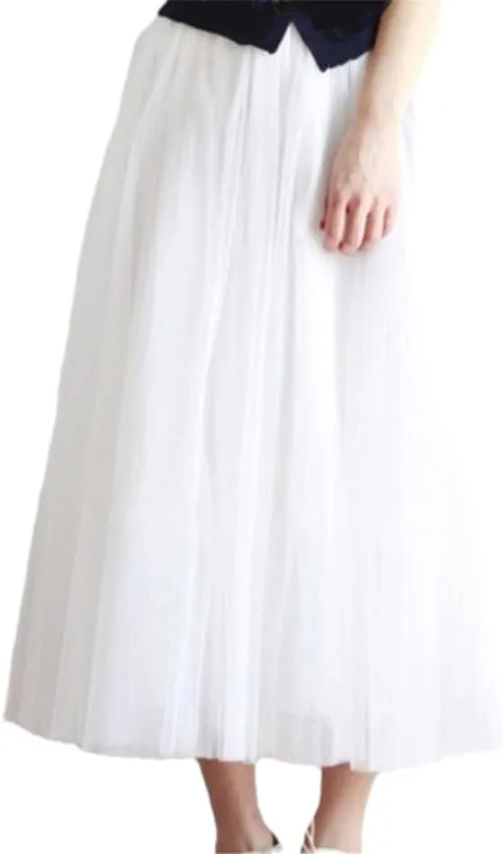 Autumn Winter Women Long Midi Skirt Ladies Elastic High Waist Tulle Mesh Pleated Skirt