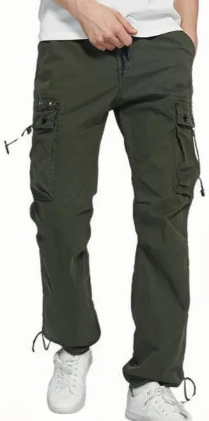 Aymnlox Mens Tapered Parachute Cargo Pants Solid Casual Slim Fit Cotton Sweatpants Elastic Waist Trouser with Flap Pockets