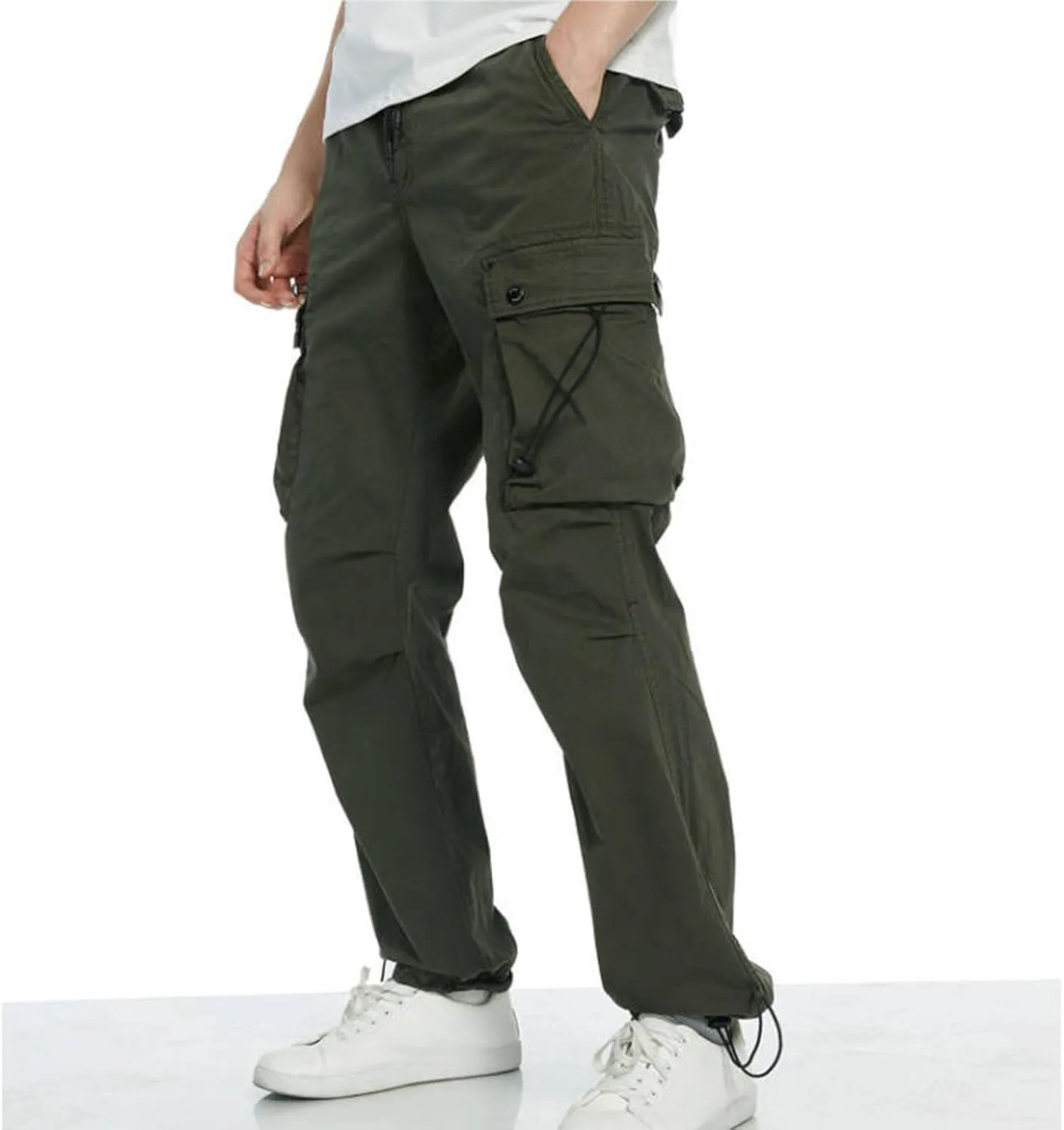 Aymnlox Mens Tapered Parachute Cargo Pants Solid Casual Slim Fit Cotton Sweatpants Elastic Waist Trouser with Flap Pockets