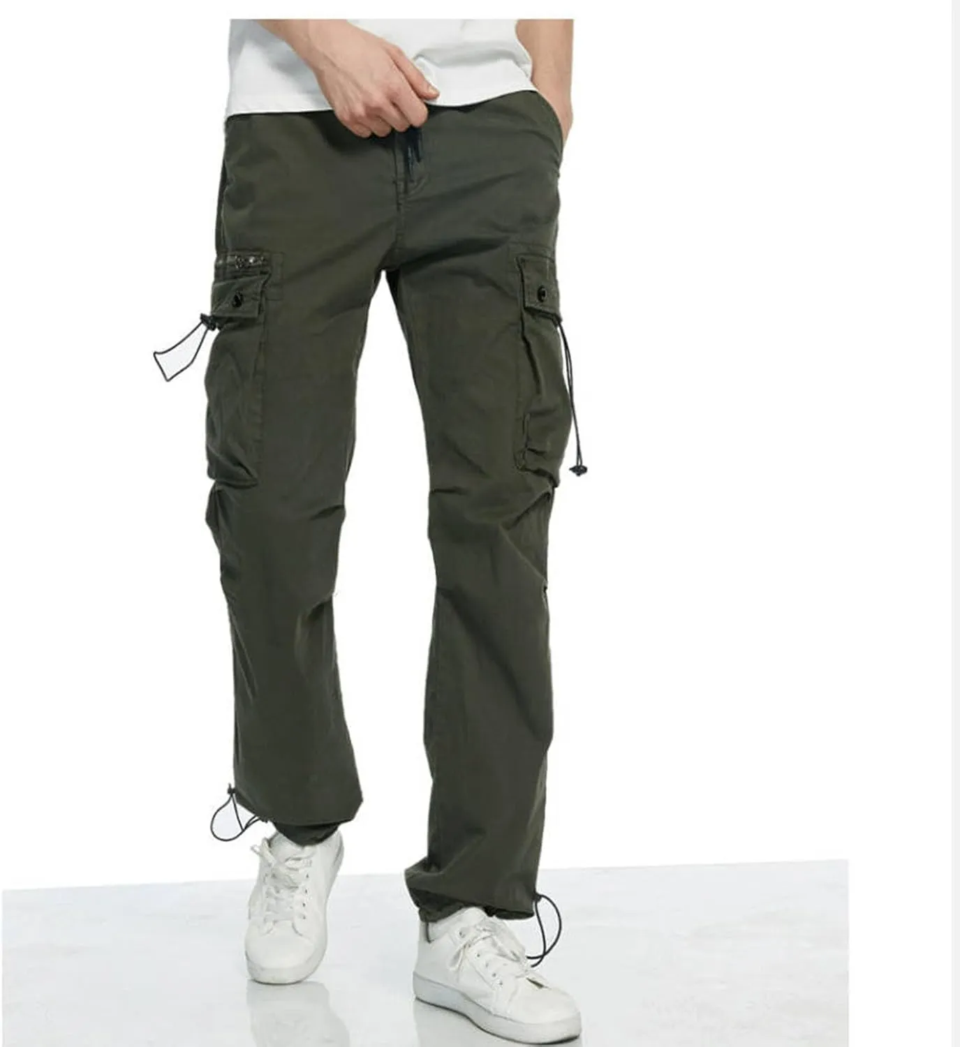 Aymnlox Mens Tapered Parachute Cargo Pants Solid Casual Slim Fit Cotton Sweatpants Elastic Waist Trouser with Flap Pockets