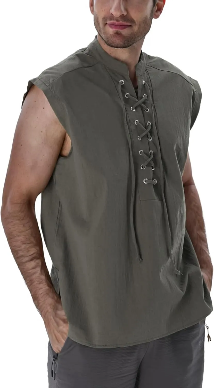 BAKUGOU Mens Medieval Lace Up Sleeveless Shirt Viking Renaissance Pirate Tunic Top Warrior Costume Vest for Men