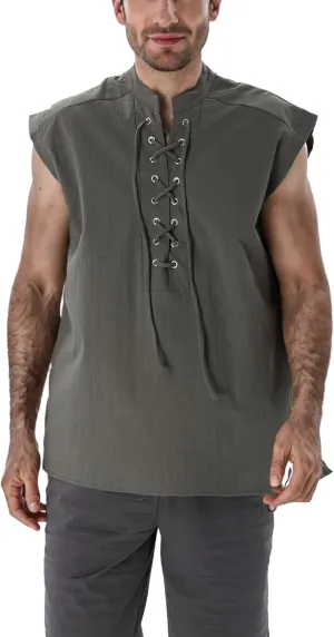BAKUGOU Mens Medieval Lace Up Sleeveless Shirt Viking Renaissance Pirate Tunic Top Warrior Costume Vest for Men