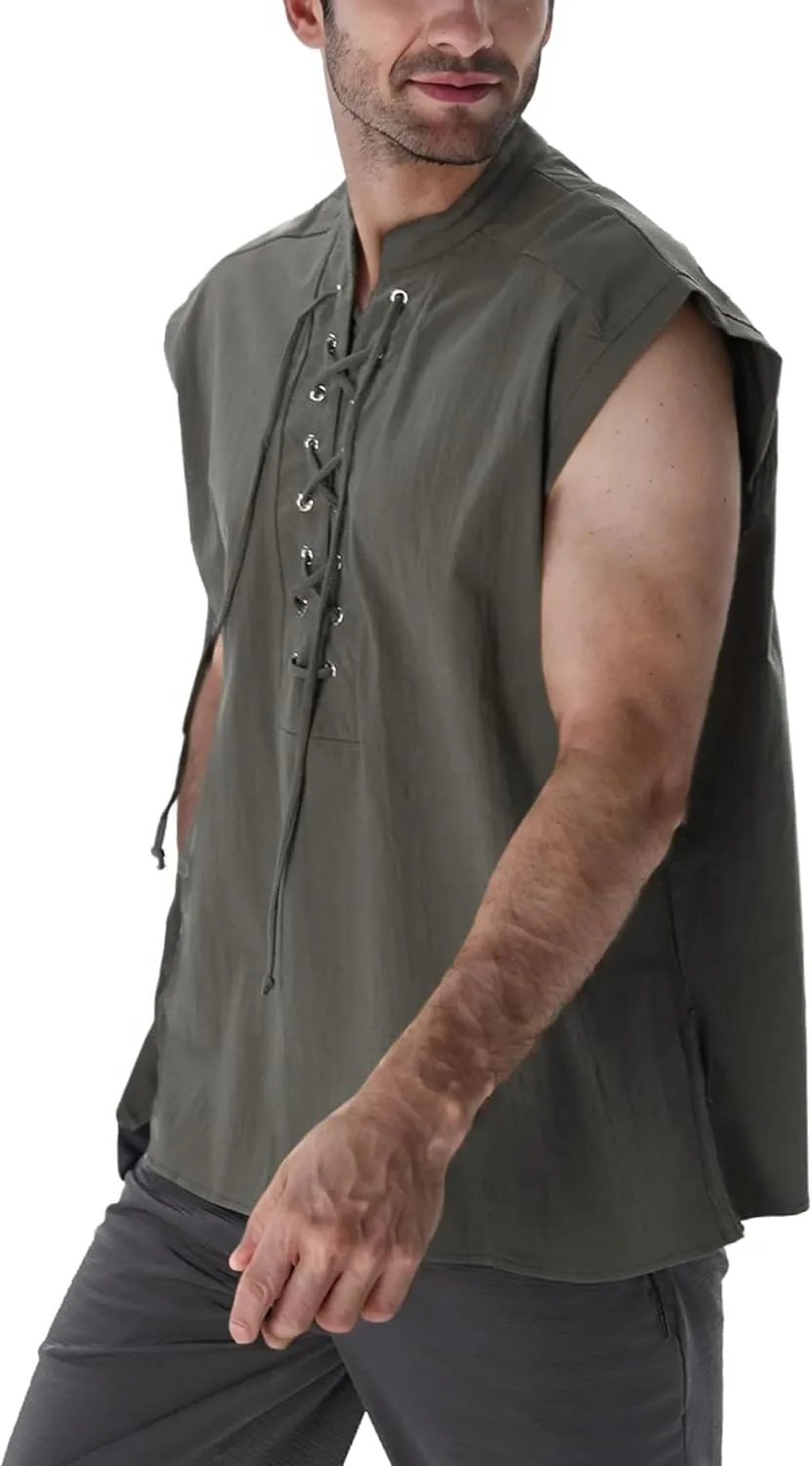BAKUGOU Mens Medieval Lace Up Sleeveless Shirt Viking Renaissance Pirate Tunic Top Warrior Costume Vest for Men