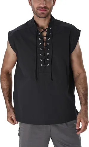BAKUGOU Mens Medieval Lace Up Sleeveless Shirt Viking Renaissance Pirate Tunic Top Warrior Costume Vest for Men