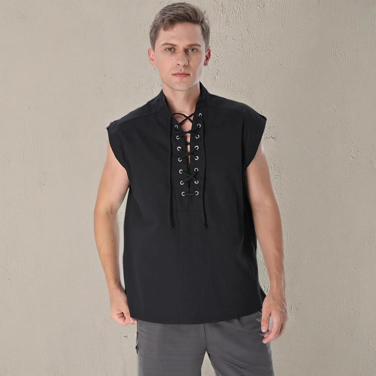 BAKUGOU Mens Medieval Lace Up Sleeveless Shirt Viking Renaissance Pirate Tunic Top Warrior Costume Vest for Men