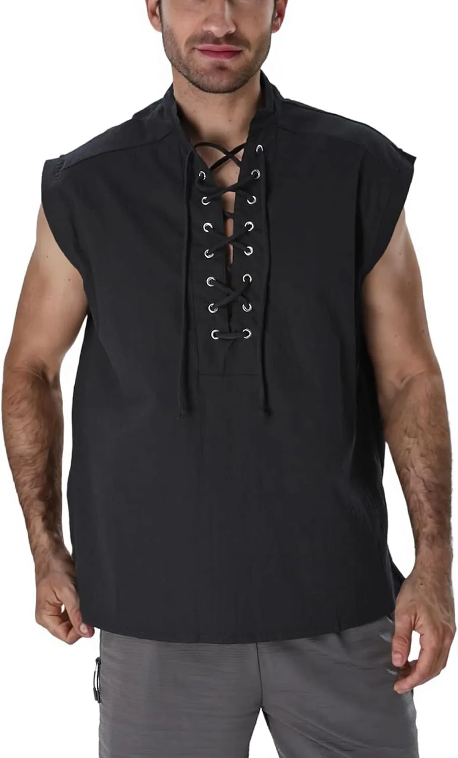 BAKUGOU Mens Medieval Lace Up Sleeveless Shirt Viking Renaissance Pirate Tunic Top Warrior Costume Vest for Men