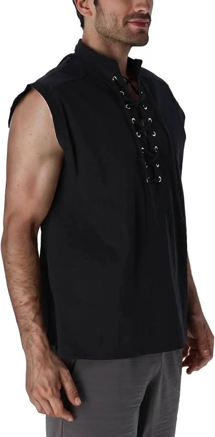 BAKUGOU Mens Medieval Lace Up Sleeveless Shirt Viking Renaissance Pirate Tunic Top Warrior Costume Vest for Men