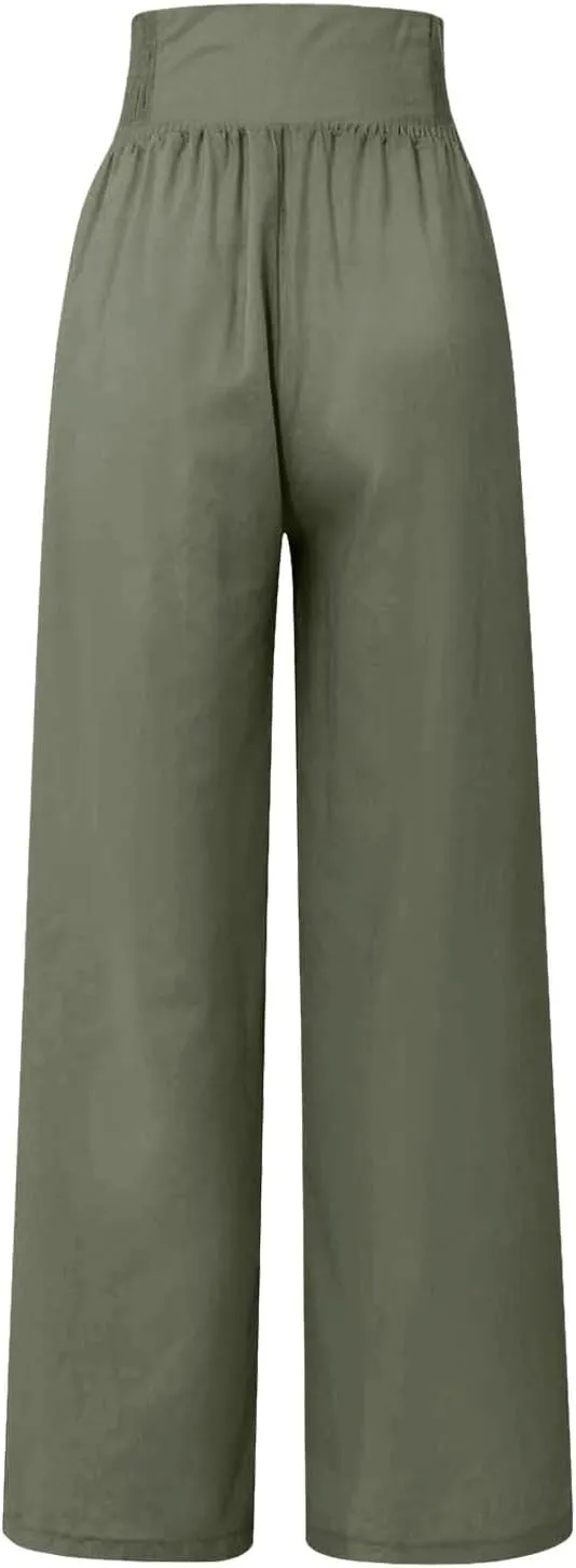 Beach Pants for Women Straight Leg Beach Pants Drawstring Elastic Waist Dressy Joggers Linen Wide Leg Long Trousers