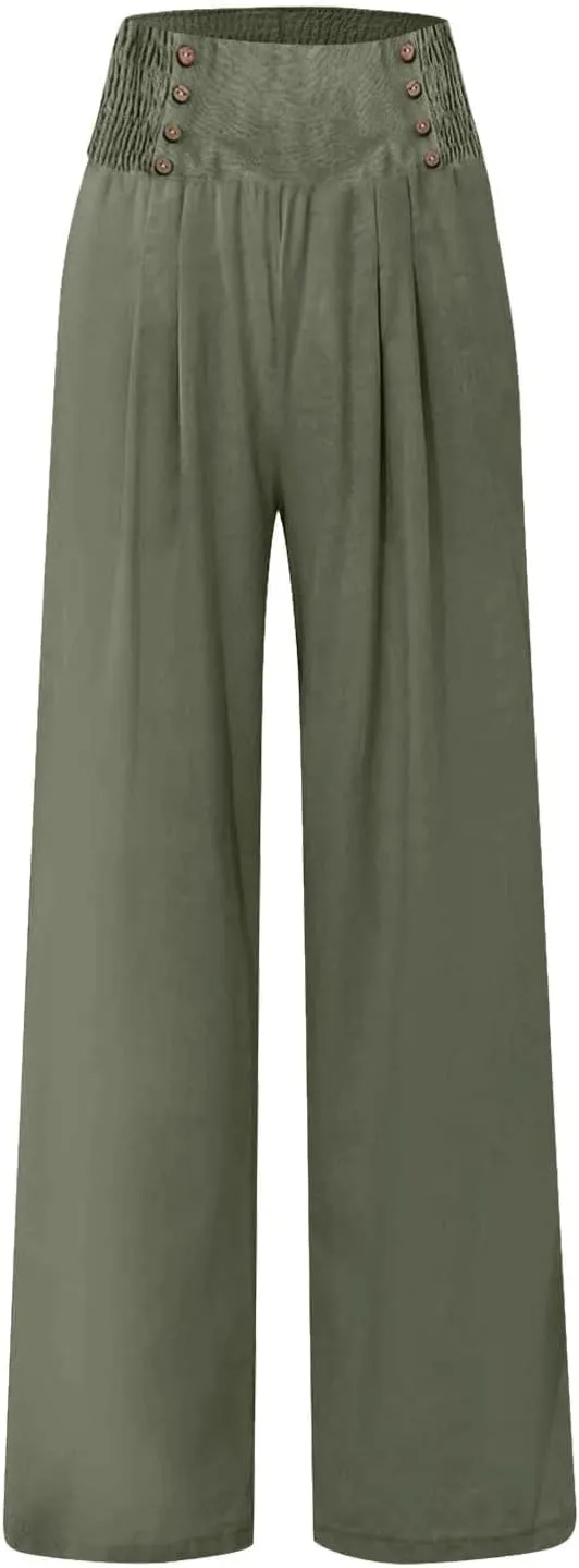 Beach Pants for Women Straight Leg Beach Pants Drawstring Elastic Waist Dressy Joggers Linen Wide Leg Long Trousers