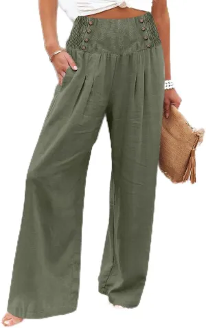Beach Pants for Women Straight Leg Beach Pants Drawstring Elastic Waist Dressy Joggers Linen Wide Leg Long Trousers