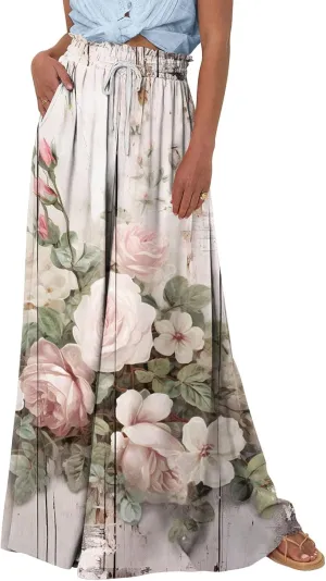 Beach Pants for Women Women Casual High Waist Wide Leg Pants Summer Floral Solid Long Palazzo Pants Lounge with Pocket