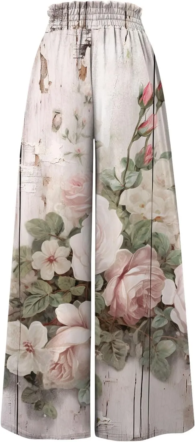 Beach Pants for Women Women Casual High Waist Wide Leg Pants Summer Floral Solid Long Palazzo Pants Lounge with Pocket