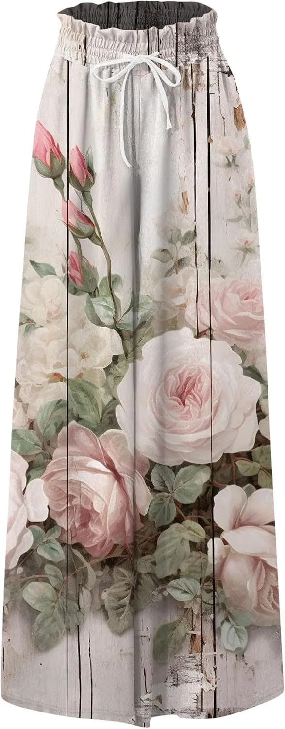 Beach Pants for Women Women Casual High Waist Wide Leg Pants Summer Floral Solid Long Palazzo Pants Lounge with Pocket