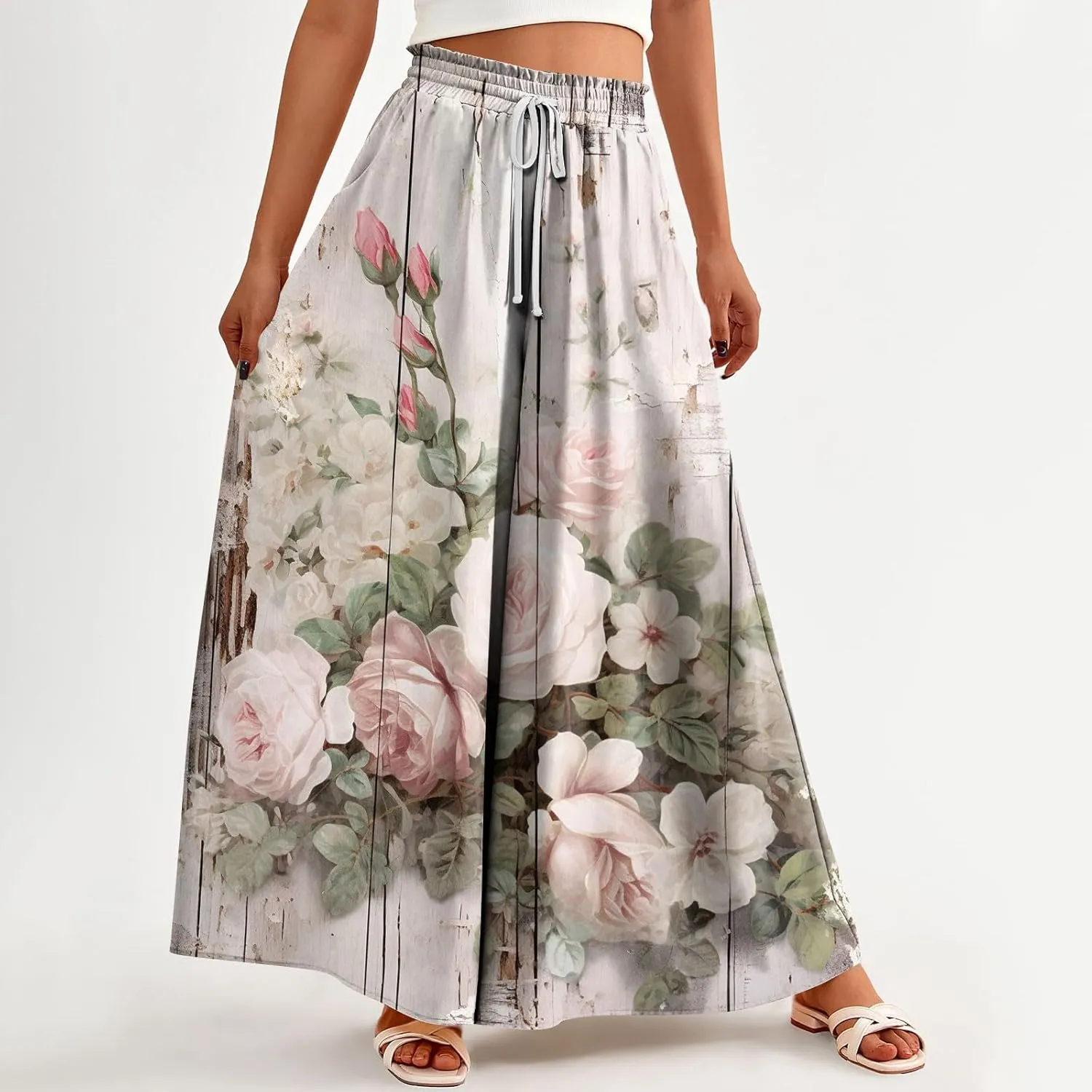 Beach Pants for Women Women Casual High Waist Wide Leg Pants Summer Floral Solid Long Palazzo Pants Lounge with Pocket