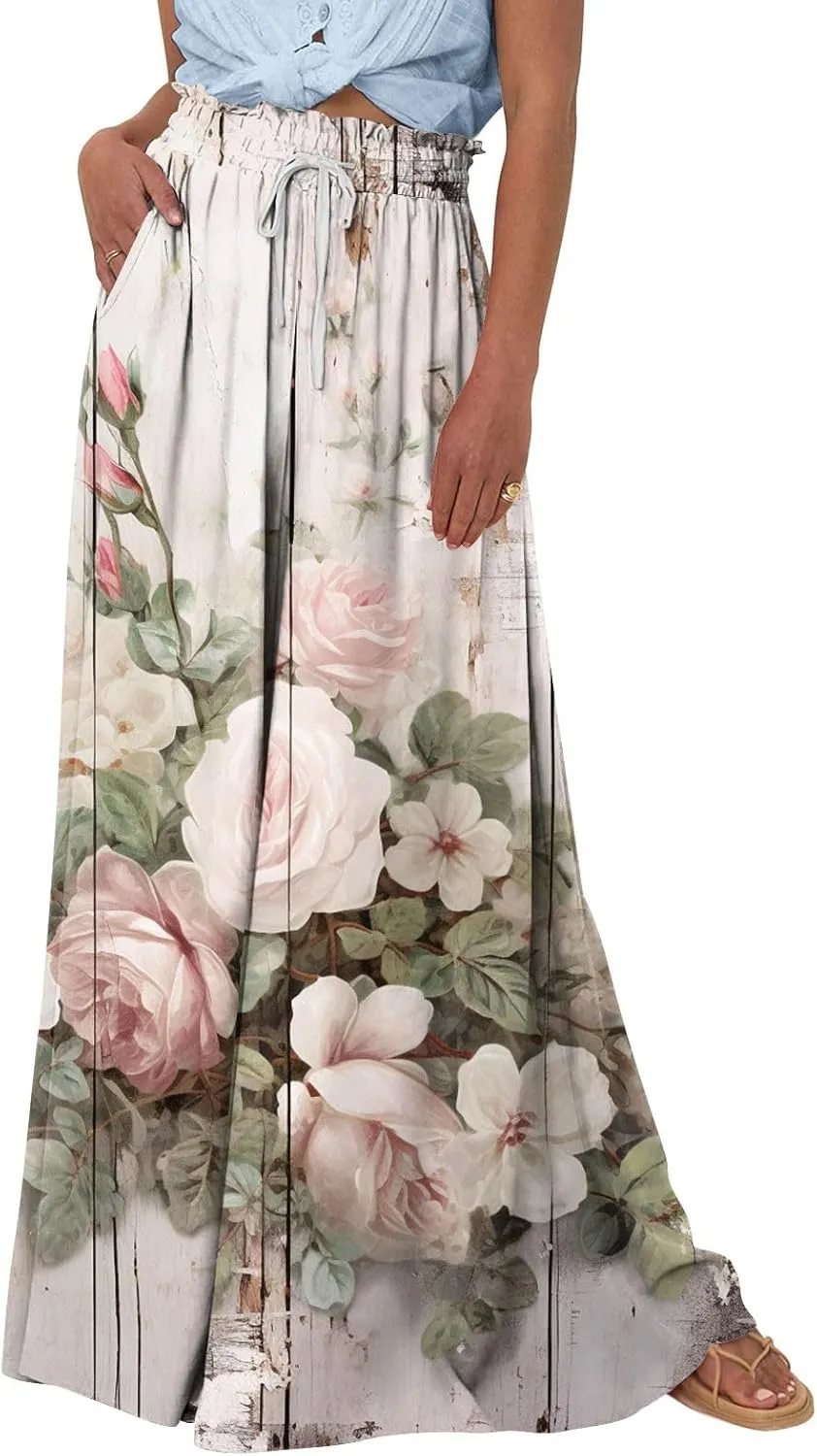 Beach Pants for Women Women Casual High Waist Wide Leg Pants Summer Floral Solid Long Palazzo Pants Lounge with Pocket