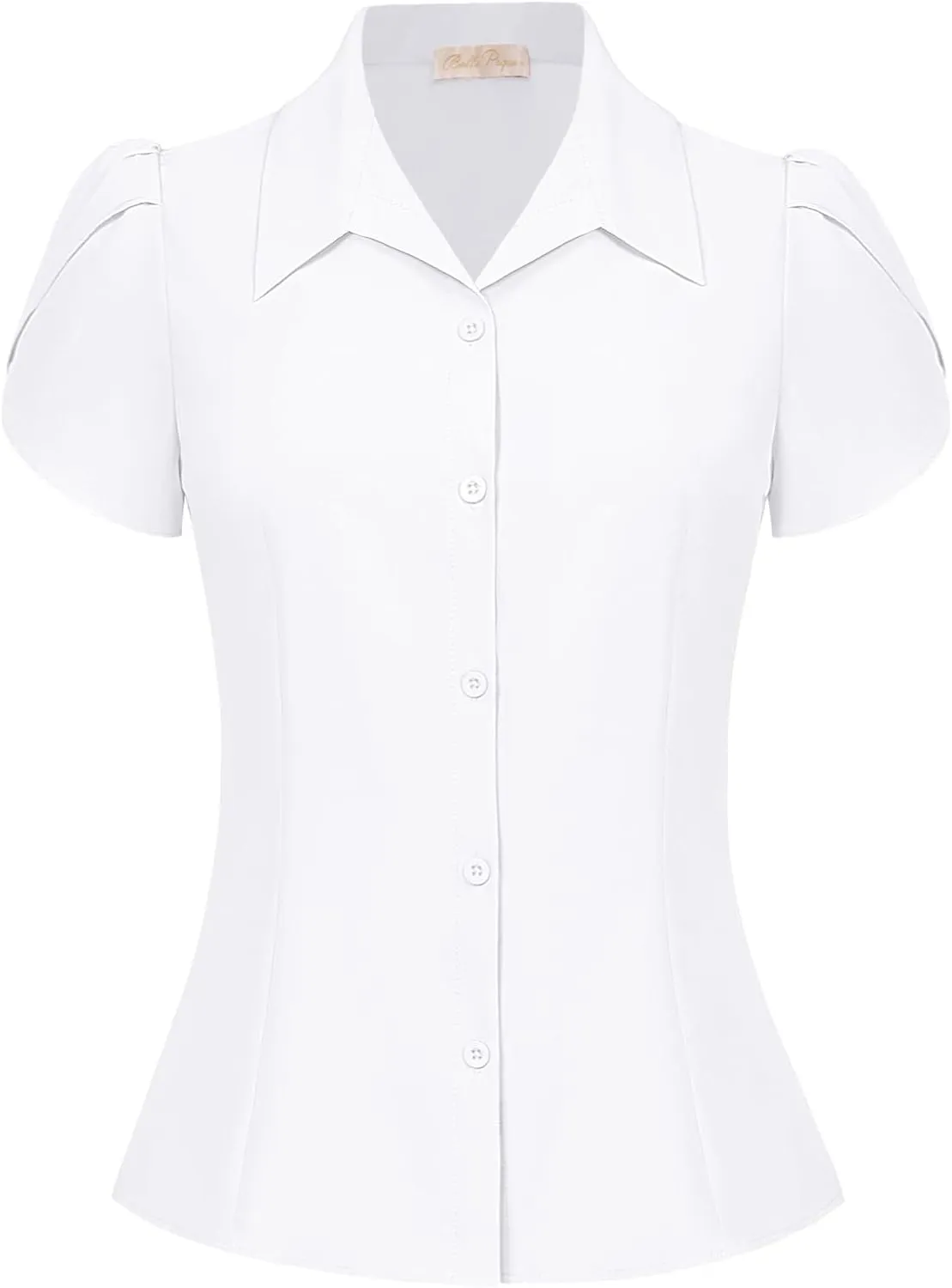 Belle Poque Summer Short Sleeve Button Down Blouse for Women V Neck Vintage Business Casual Shirts Tops
