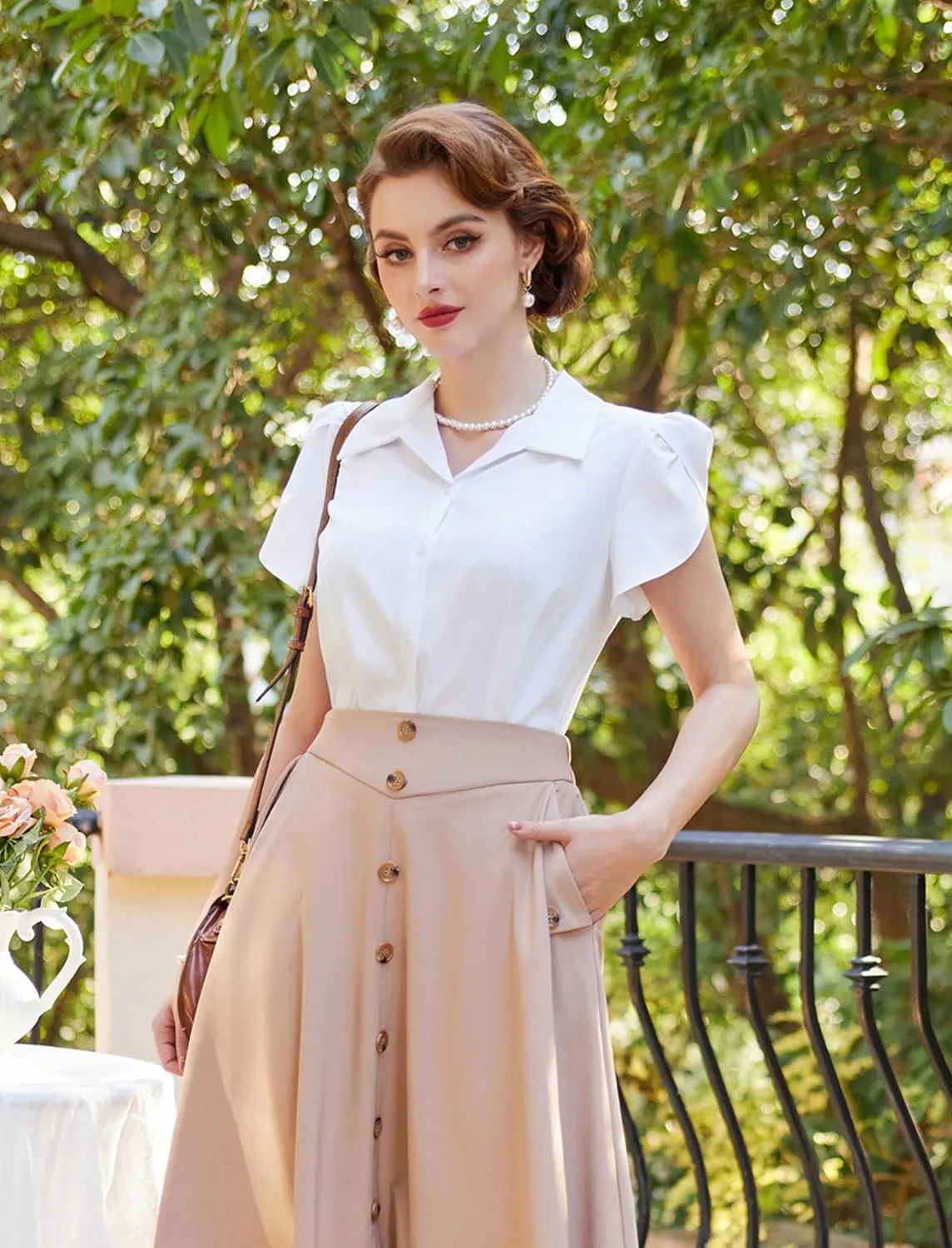 Belle Poque Summer Short Sleeve Button Down Blouse for Women V Neck Vintage Business Casual Shirts Tops