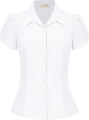 Belle Poque Summer Short Sleeve Button Down Blouse for Women V Neck Vintage Business Casual Shirts Tops