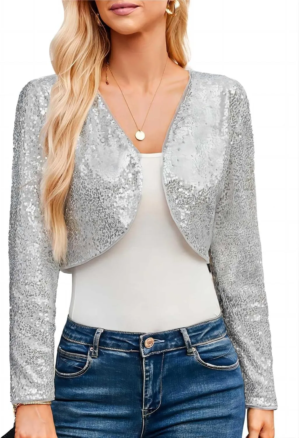 Belle Poque Women's Sequin Jacket Open Front Long Sleeve Sparkly Blazer Bolero Shrugs for Dresses S-XXL