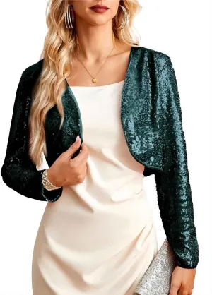 Belle Poque Women's Sequin Jacket Open Front Long Sleeve Sparkly Blazer Bolero Shrugs for Dresses S-XXL