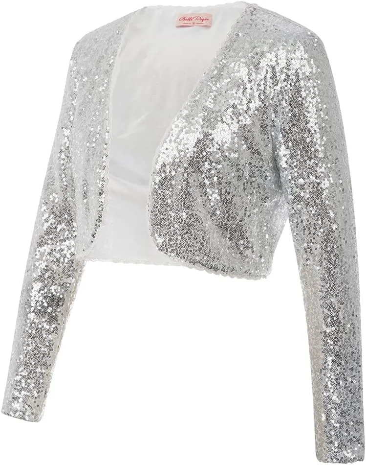 Belle Poque Women's Sequin Jacket Open Front Long Sleeve Sparkly Blazer Bolero Shrugs for Dresses S-XXL