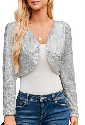 Belle Poque Women's Sequin Jacket Open Front Long Sleeve Sparkly Blazer Bolero Shrugs for Dresses S-XXL