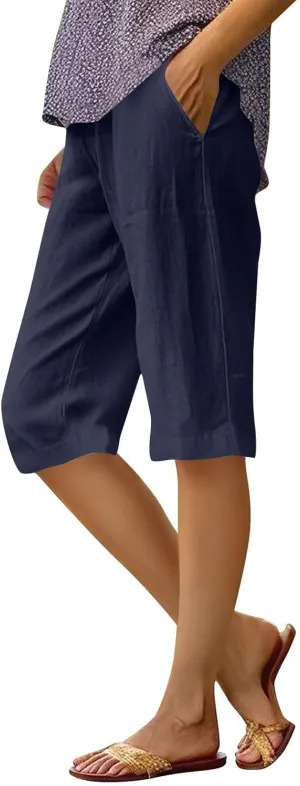 Bermuda Shorts for Women Knee Length Cotton Linen Capris Lightweight Summer Straight Leg Cropped Pants with Pockets