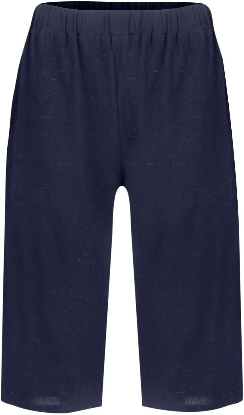 Bermuda Shorts for Women Knee Length Cotton Linen Capris Lightweight Summer Straight Leg Cropped Pants with Pockets