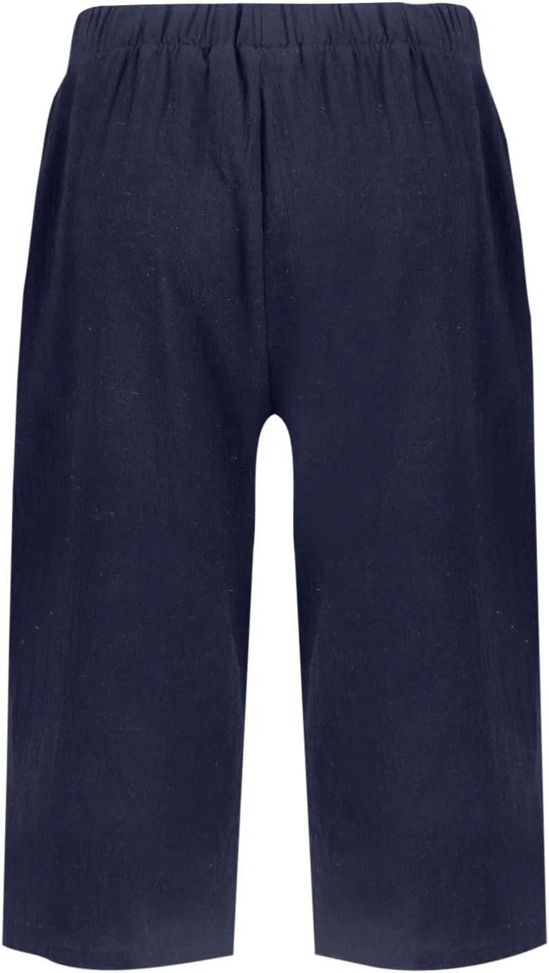Bermuda Shorts for Women Knee Length Cotton Linen Capris Lightweight Summer Straight Leg Cropped Pants with Pockets