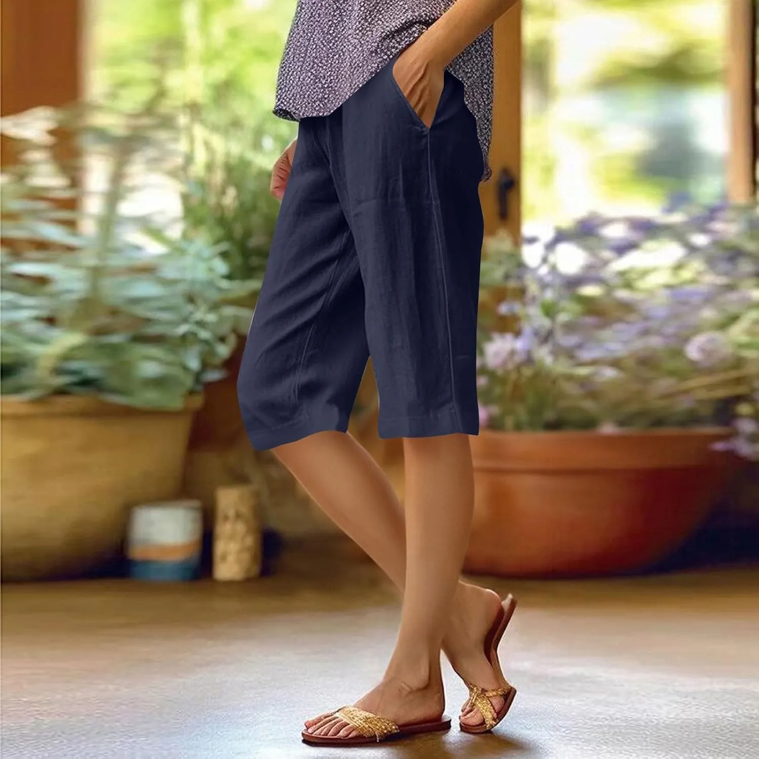 Bermuda Shorts for Women Knee Length Cotton Linen Capris Lightweight Summer Straight Leg Cropped Pants with Pockets