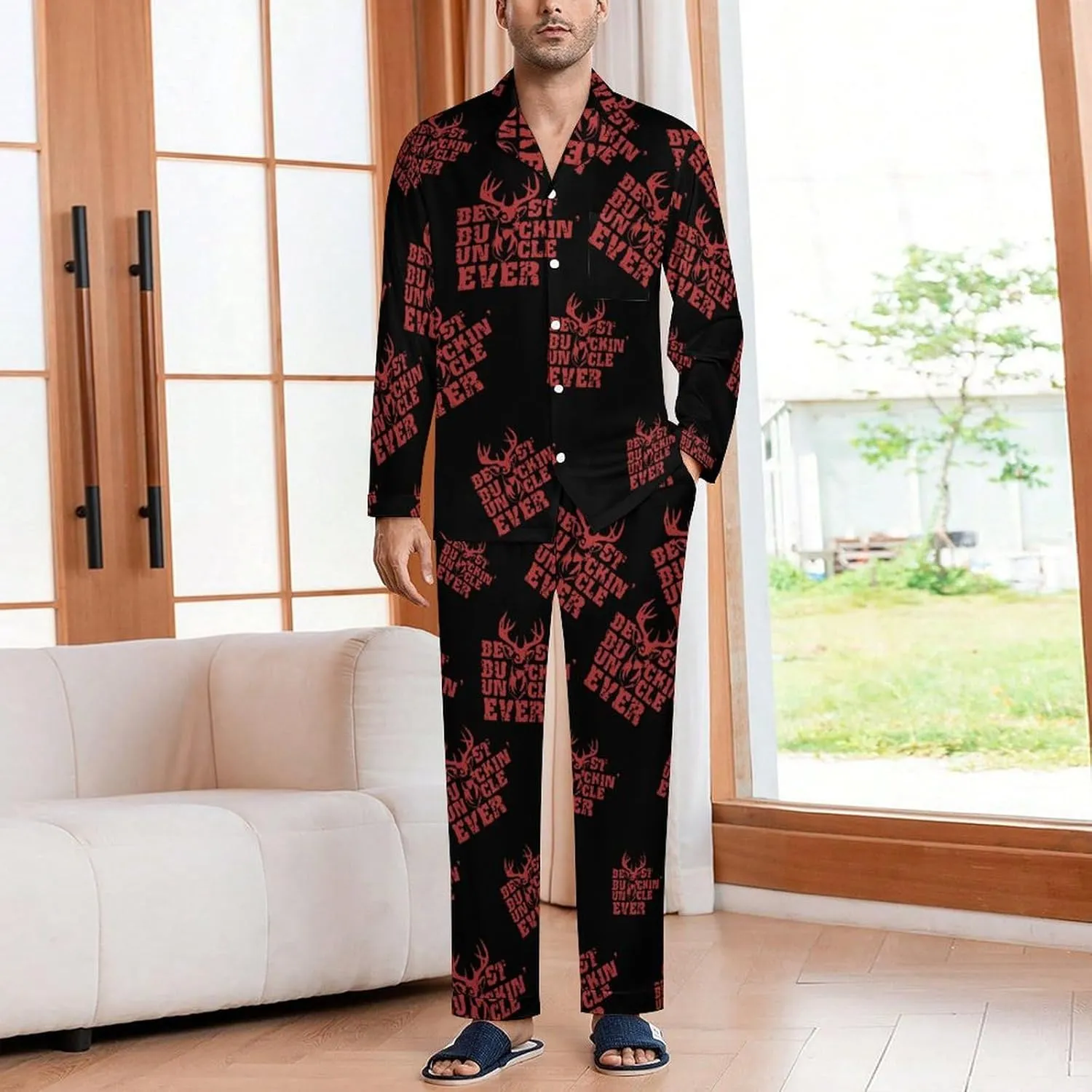 Best Bukin'Uncle Ever 2 PCS Men Pajama Set Long Sleeve Button-down Shirts Tops & Sleep Pants Loungewear
