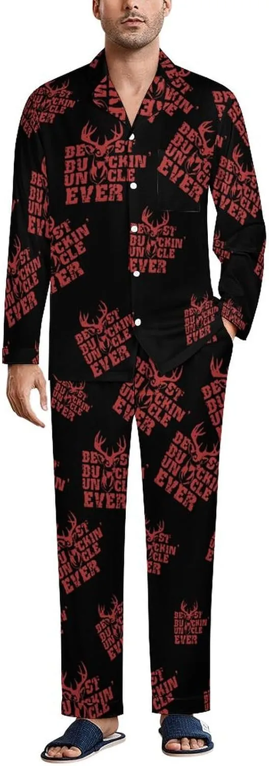 Best Bukin'Uncle Ever 2 PCS Men Pajama Set Long Sleeve Button-down Shirts Tops & Sleep Pants Loungewear
