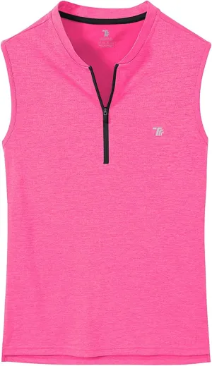 BGOWATU Women's Golf Polo Shirts Sleeveless Zip Up Collarless UPF 50  Tennis T-Shirt Lightweight Quick Dry