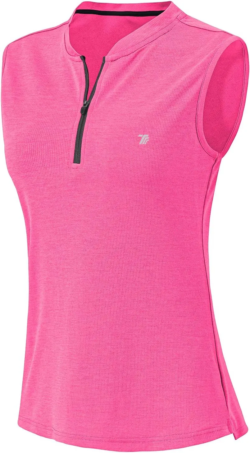 BGOWATU Women's Golf Polo Shirts Sleeveless Zip Up Collarless UPF 50  Tennis T-Shirt Lightweight Quick Dry