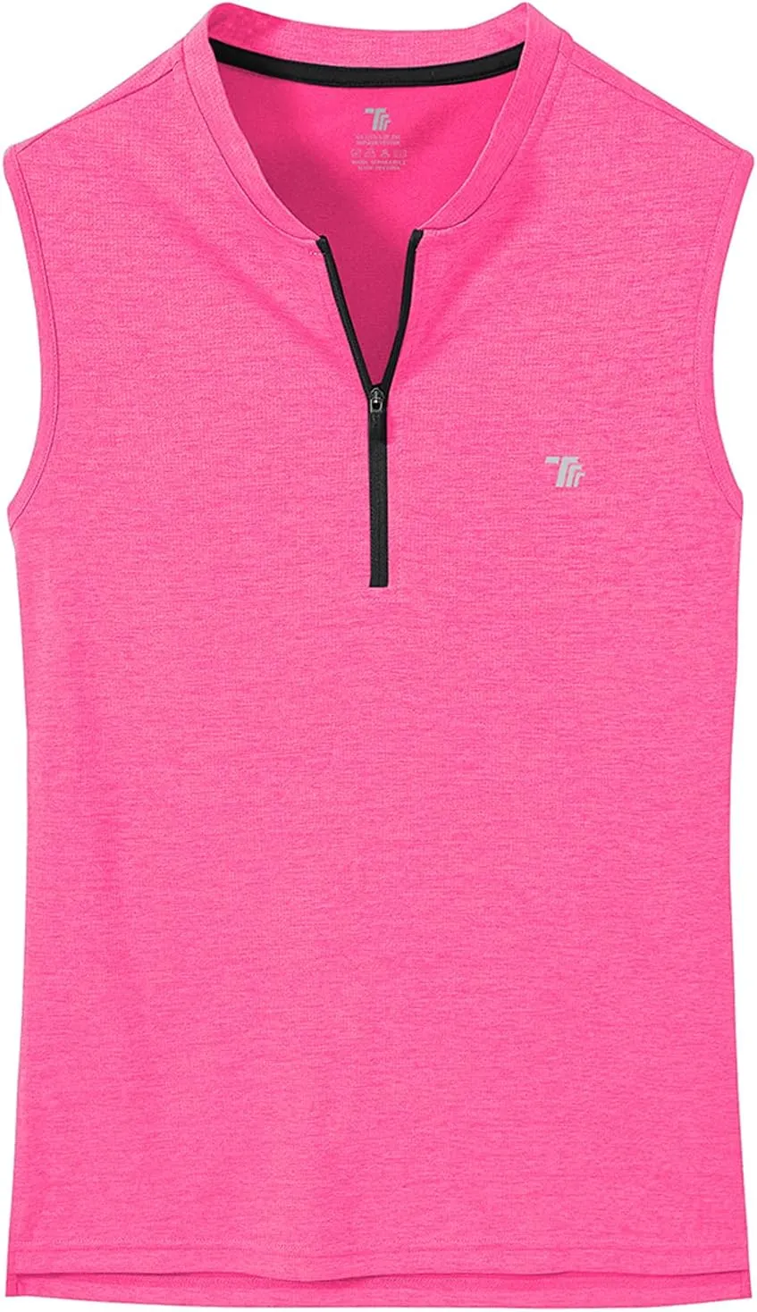 BGOWATU Women's Golf Polo Shirts Sleeveless Zip Up Collarless UPF 50  Tennis T-Shirt Lightweight Quick Dry
