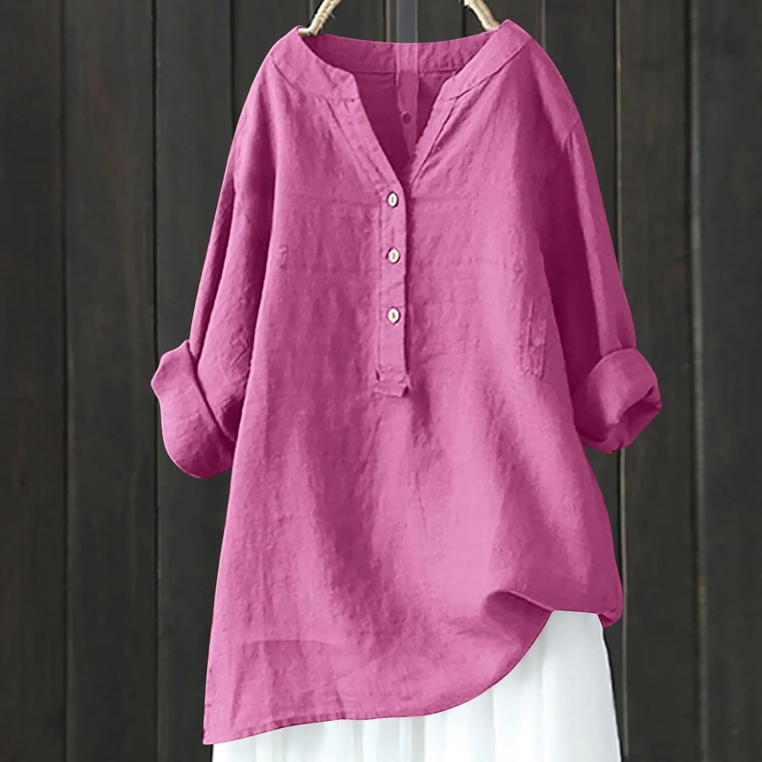 Binmer Women Linen Button Down Shirt Oversized Long Sleeve Blouse Ladies Summer Casual V Neck Beach Top.Plus Size S-5X