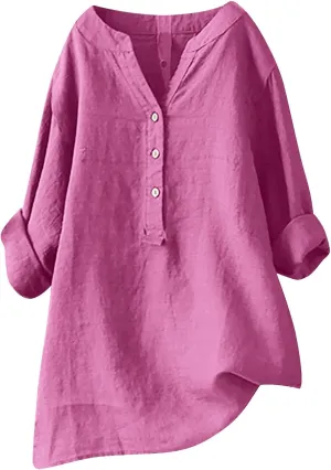 Binmer Women Linen Button Down Shirt Oversized Long Sleeve Blouse Ladies Summer Casual V Neck Beach Top.Plus Size S-5X