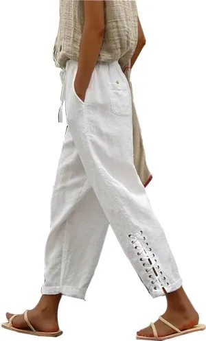 BIRW 2025 Summer Women Linen Pants with Pockets High Waist Comfy White Gauze Pants Casual Lightweight Loose Trousers