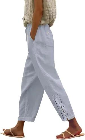 BIRW 2025 Summer Women Linen Pants with Pockets High Waist Comfy White Gauze Pants Casual Lightweight Loose Trousers