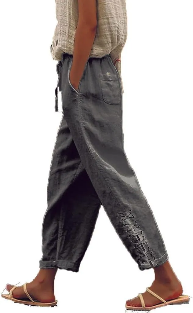 BIRW Womens Linen Pants with Pockets High Waist Comfy White Gauze Pants Casua Lightweight Loose Trousers