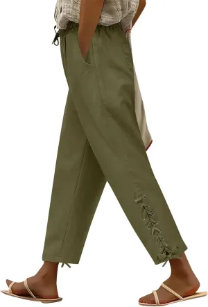 BIRW Womens Linen Pants with Pockets High Waist Comfy White Gauze Pants Casua Lightweight Loose Trousers
