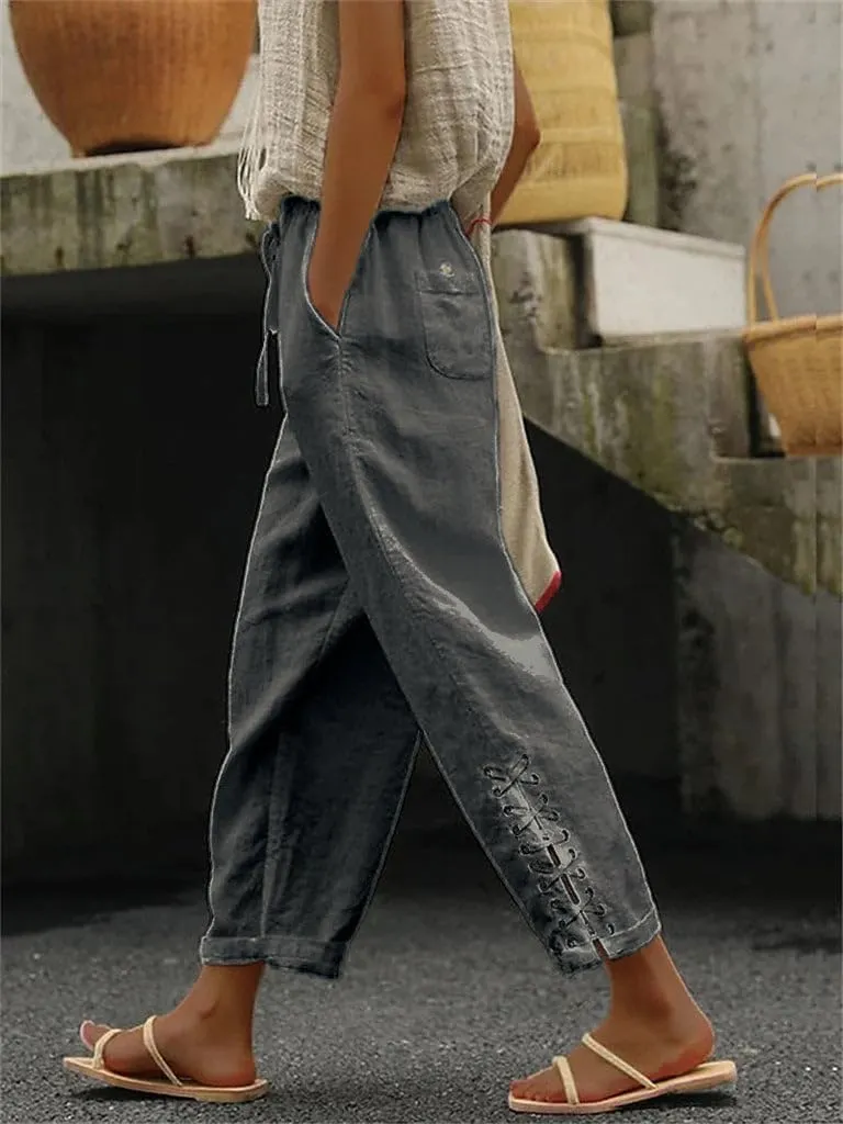 BIRW Womens Linen Pants with Pockets High Waist Comfy White Gauze Pants Casua Lightweight Loose Trousers