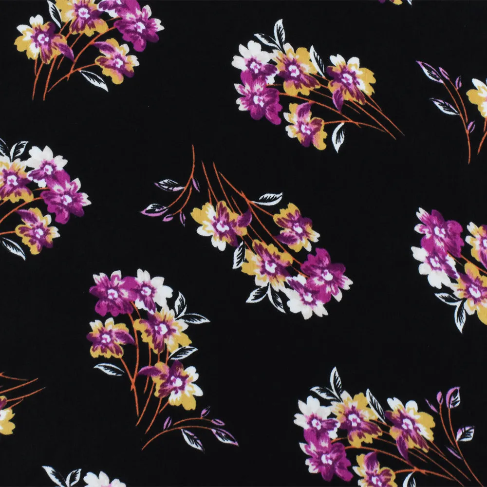 Black-Purple-Multi Floral Printed Poly Twill Satin Woven Fabric