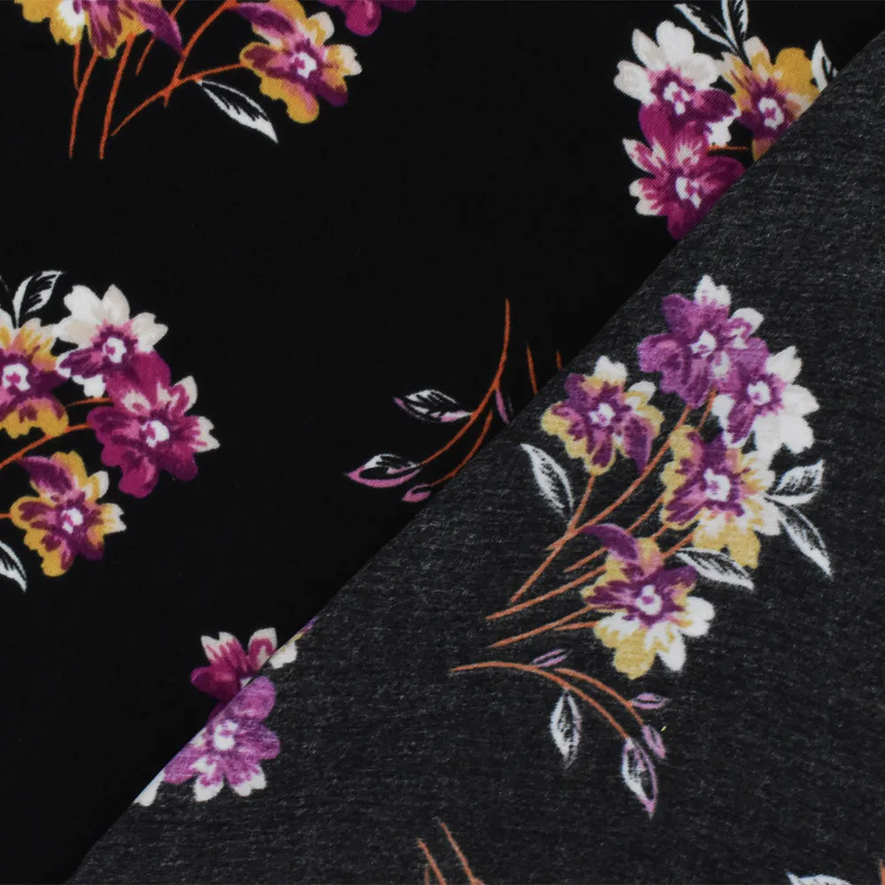 Black-Purple-Multi Floral Printed Poly Twill Satin Woven Fabric
