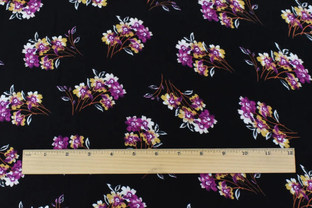 Black-Purple-Multi Floral Printed Poly Twill Satin Woven Fabric