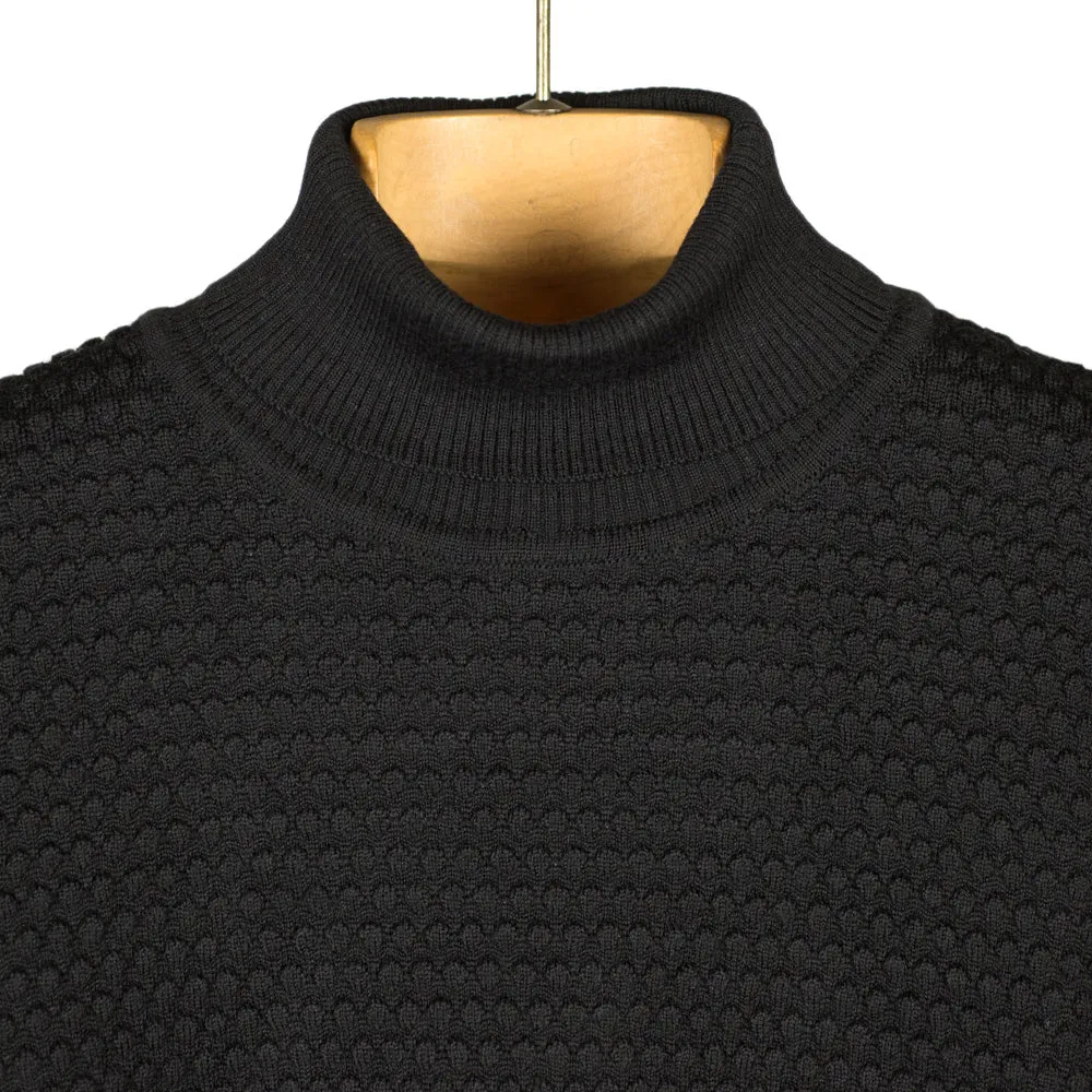 Black rollneck bubble stitch merino wool sweater