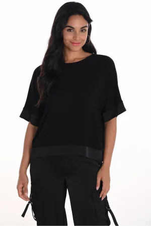 BLACK SATIN TRIM BUTTON BACK TOP