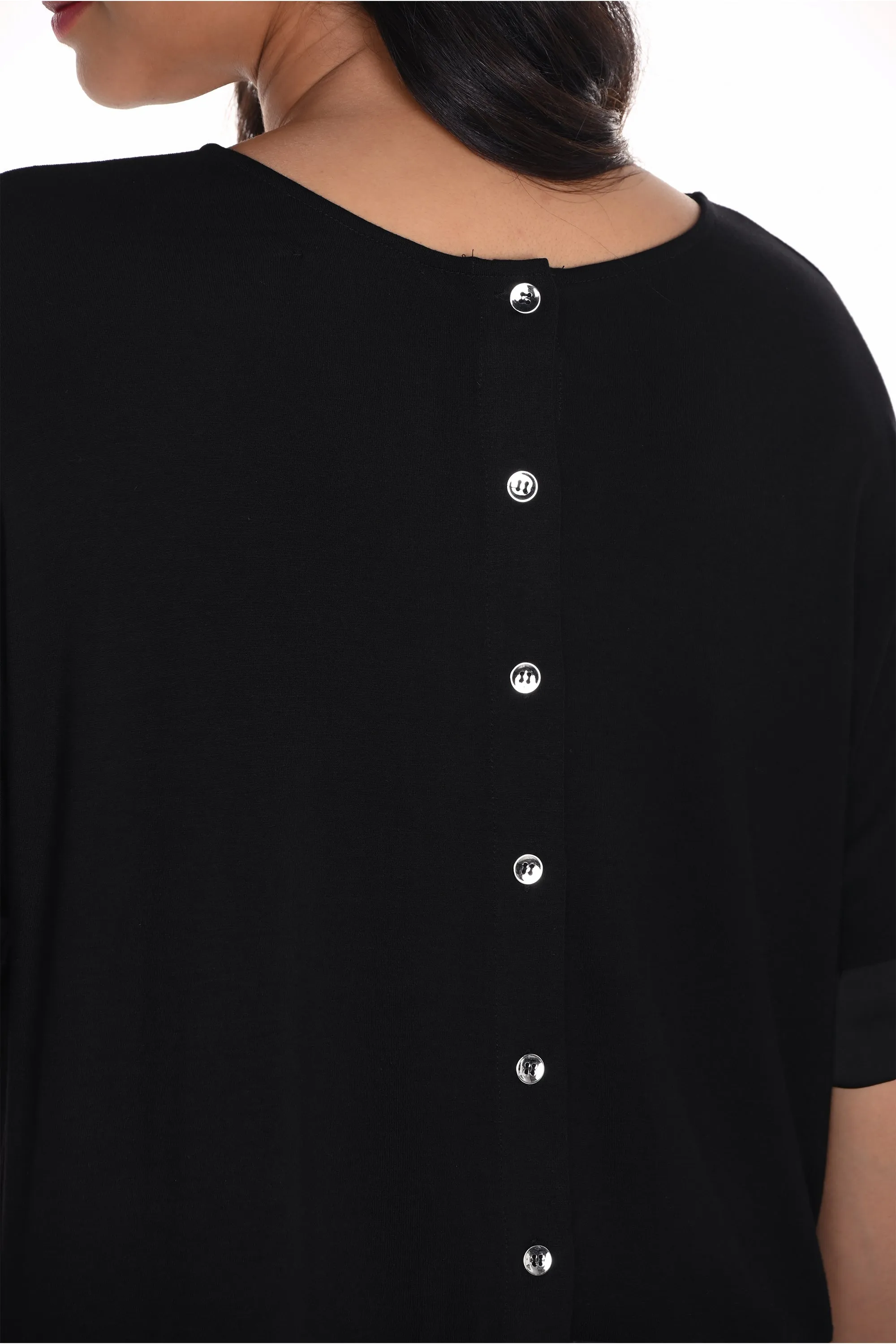 BLACK SATIN TRIM BUTTON BACK TOP