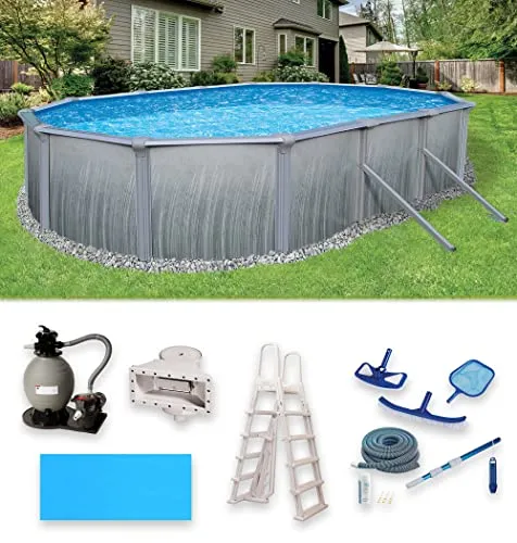Blue Wave Martinique 15-Feet by 30-Feet Oval 52-Inch Deep 7-Inch Top Rail Metal Wall Swimming Pool Package